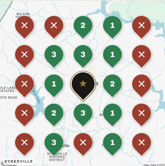 Example 5×5 map grid showing where the top kitchen and bath businesses rank across the Sykesville area