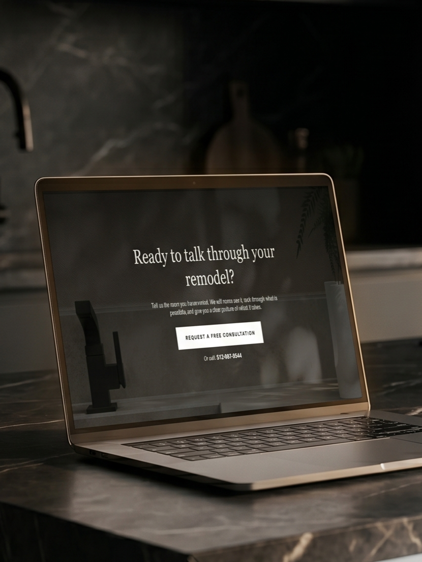 Austin Home Creations kitchen remodeling website on a laptop, designed by Kitchen Websites