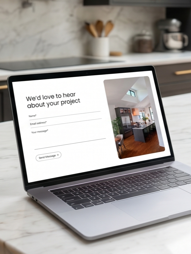 Kitch Cabinetry project inquiry website on a laptop, designed by Kitchen Websites